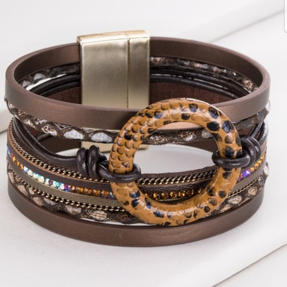 Faux Leather Multi Media Magnetic Cuff Bracelet - Picture 3 of 4